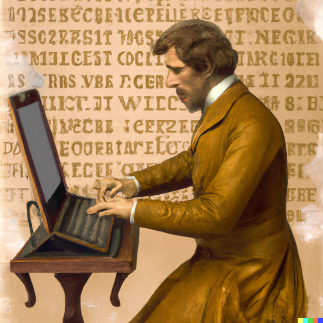 Victorian painting of an englishman typing a long password on a screen - AI Generated image
